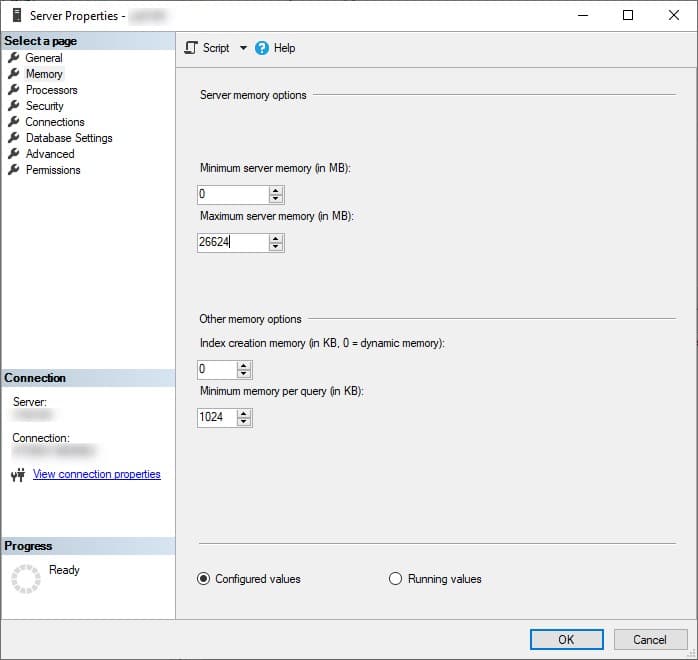 Figure 2 - Setting server memory options