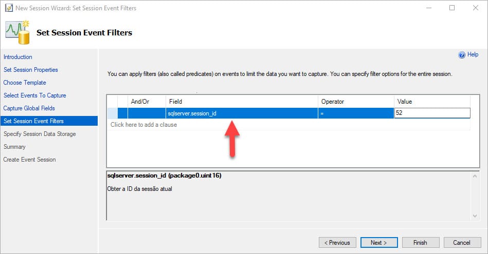 Figure 6 - Setting the session Event filter