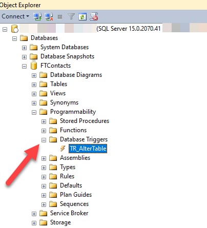 Finding triggers on a database in object explorer