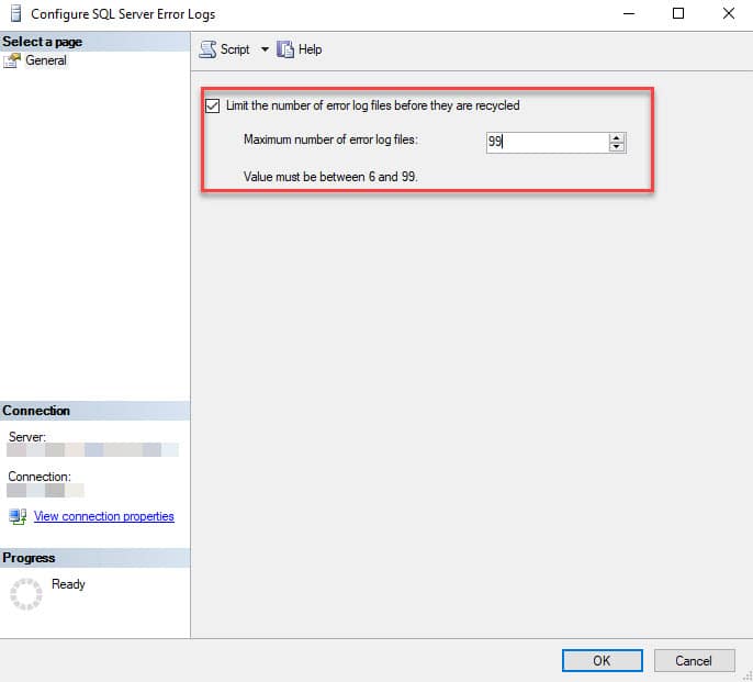 Figure 2 – Set the maximum number of error log files (I like to keep 99, max available)