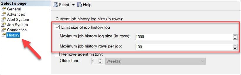 Figure 2 - SQL Server Agent history size
