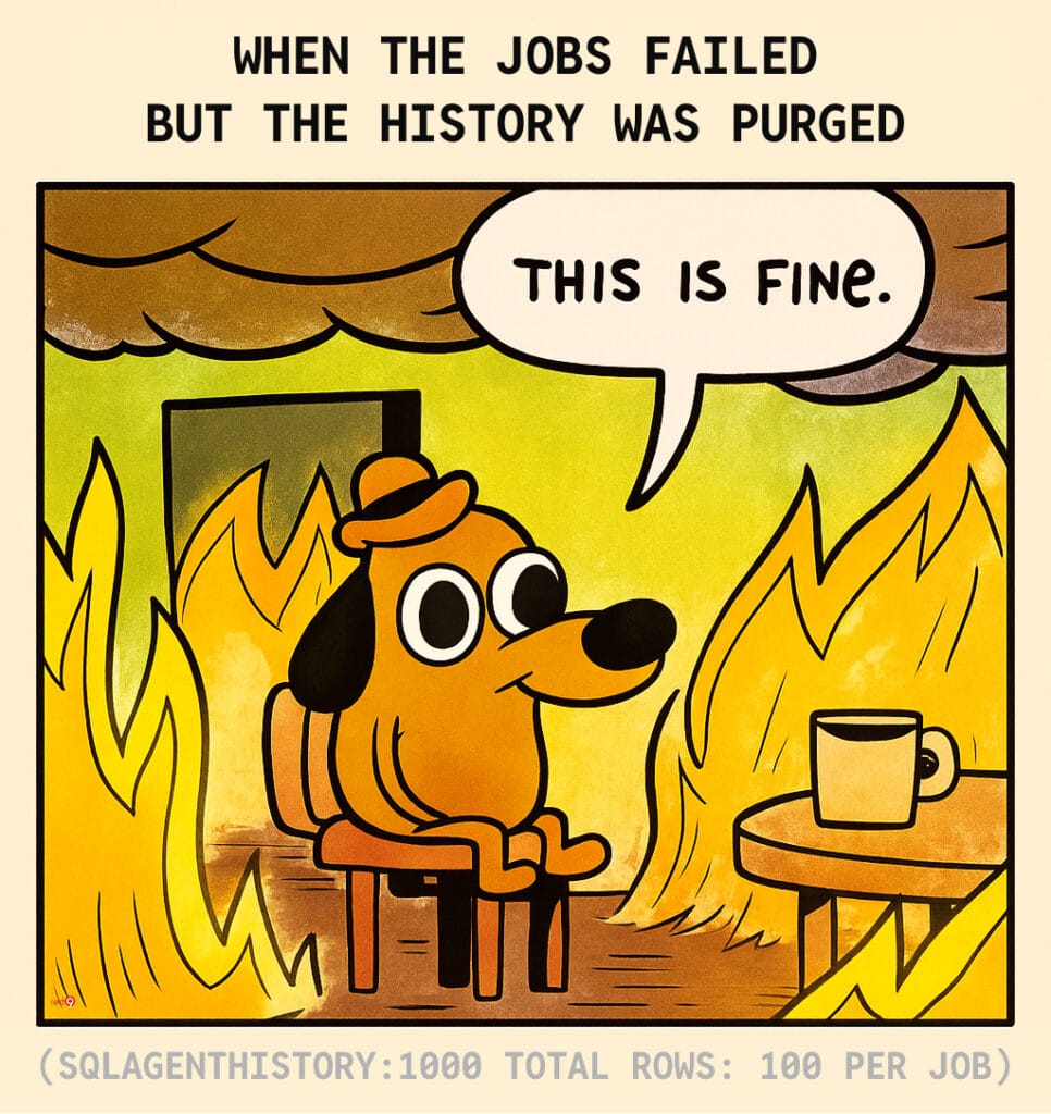 Dog in a burning room saying "This is fine" while a SQL job has failed and its history has been purged.