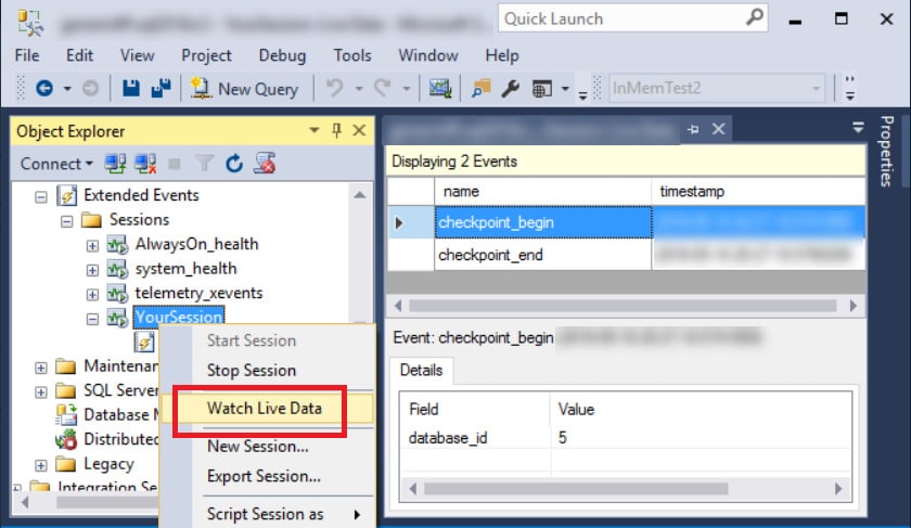 Figure 1 - Watching live data from Extended Event session on SQL Server