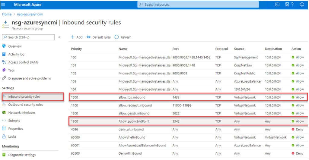 Figure 12 - Configure the Inbound security rules for Network Security Group