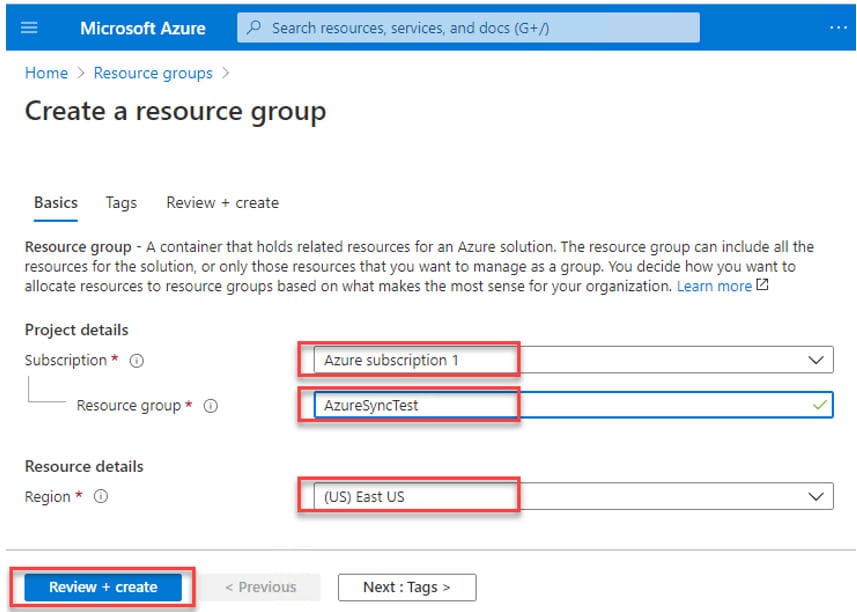 Figure 3 - Fill out Subscription, Resource group, and Region