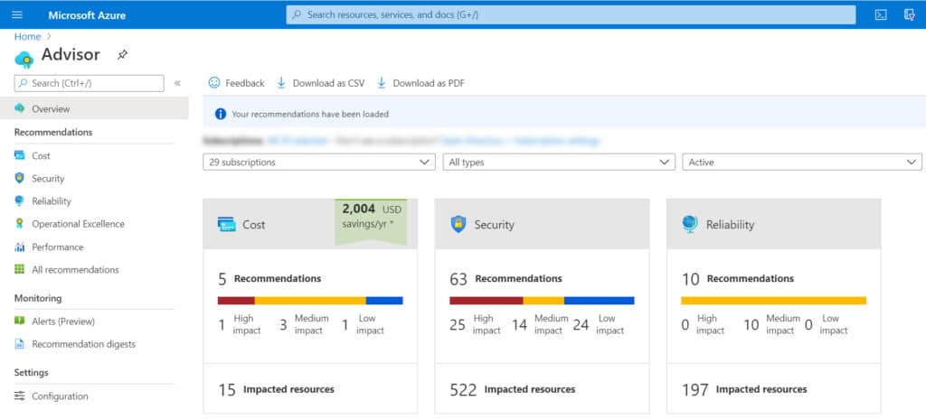 Figure 4 - Database advisor interface on Azure web portal