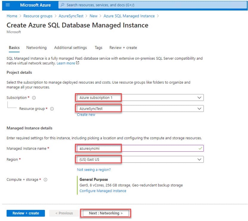 Figure 5 - Create Azure Database Managed Instance - Networking