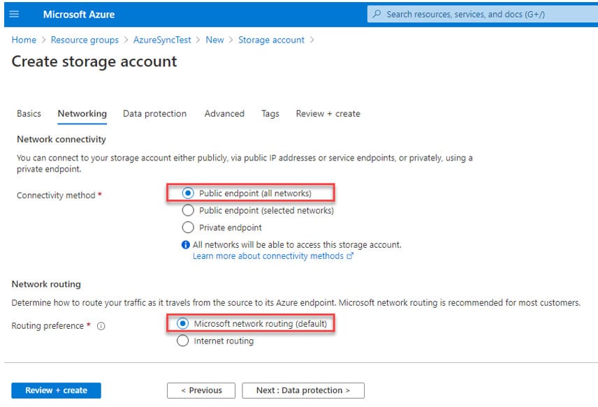 Figure 9 - Storage Account Creation and Networking details