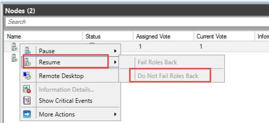 Resume node on failover cluster FCI