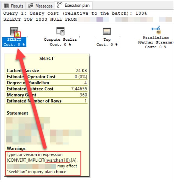 Figure 1 - Implicit conversion warning in the query plan