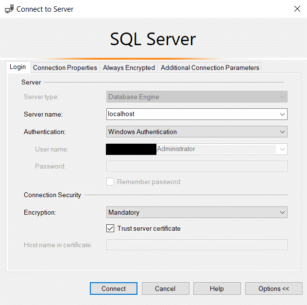 SSMS login to localhost with Windows Auth and mandatory encryption enabled.