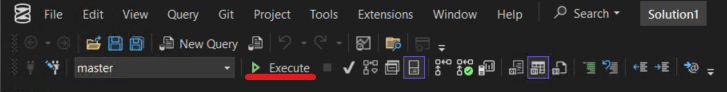 SSMS in dark theme showing the query toolbar with the "Execute" button highlighted and database set to "master".