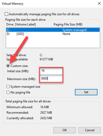 Figure 1 - Windows page file size options
