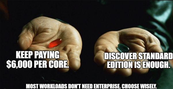 Red pill: pay $6,000 per core. Blue pill: use Standard Edition. Most don’t need Enterprise.
