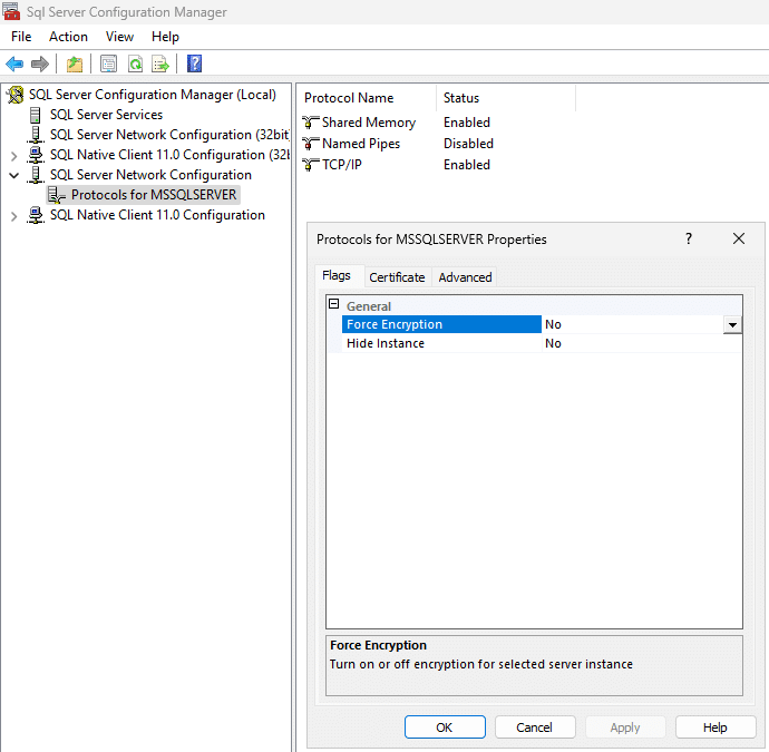 SQL Server force encryption settings